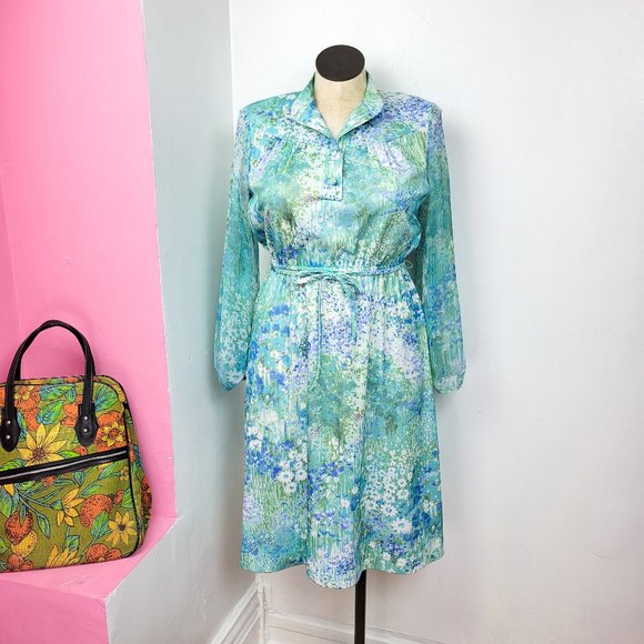 Vintage Dresses & Skirts - Vintage 70s Blue / Green Watercolor Floral Print Sheer Sleeve Dress